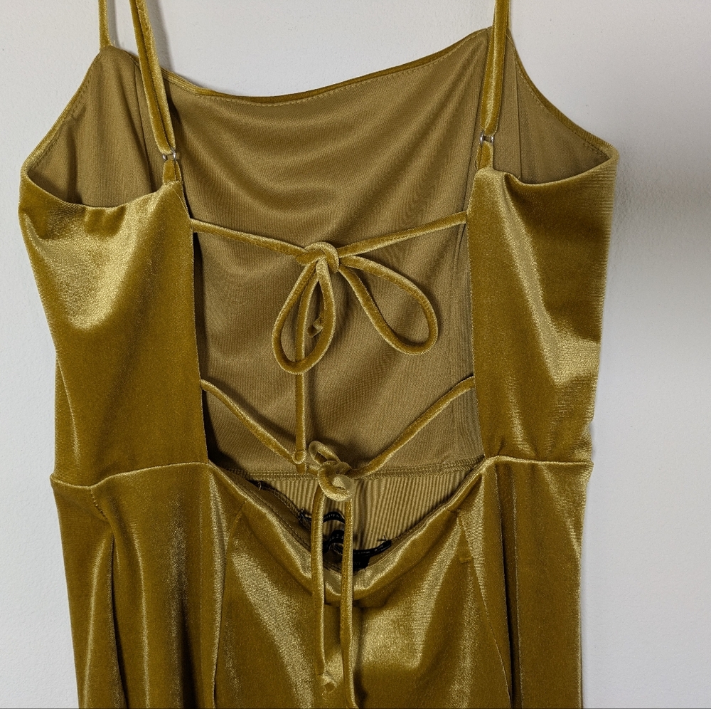 Urban Outfitters Women M Gold Velvet Square Neck Genova Tie Back Mini Dress - Picture 3 of 7